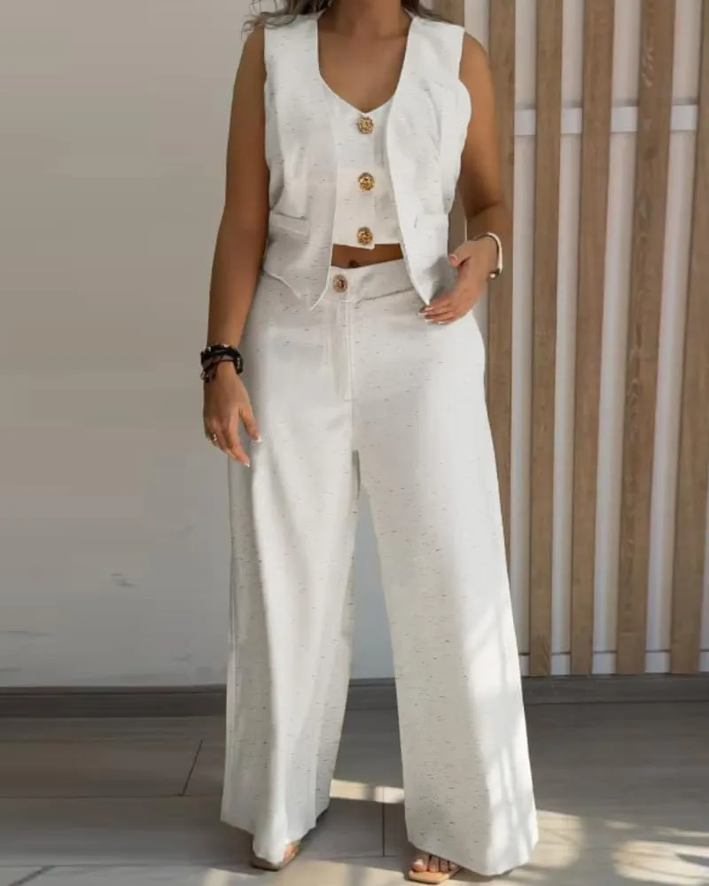 CHICME Women's 2 Piece Summer Outfits V Neck Metal Button Front Crop Tank Vest Wide Leg Pants Matching linen Sets