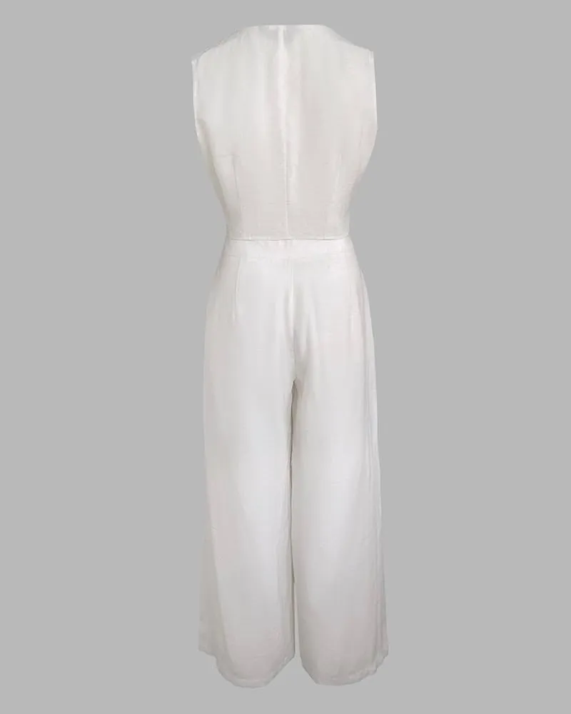CHICME Women's 2 Piece Summer Outfits V Neck Metal Button Front Crop Tank Vest Wide Leg Pants Matching linen Sets