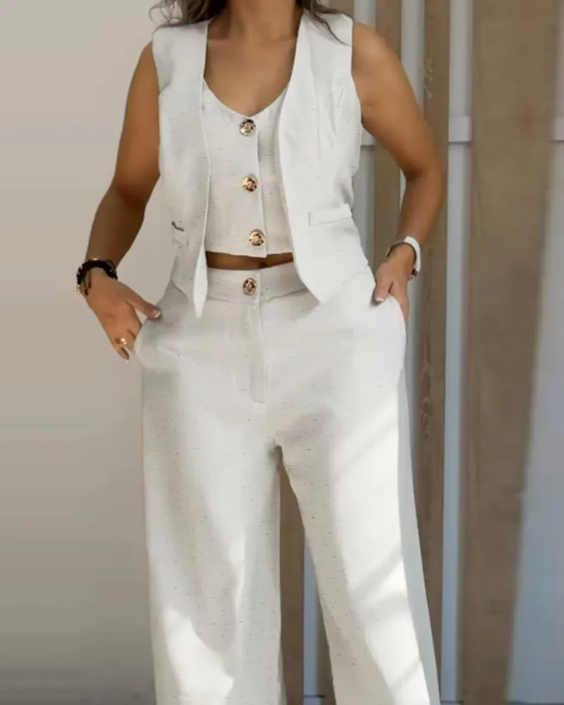 CHICME Women's 2 Piece Summer Outfits V Neck Metal Button Front Crop Tank Vest Wide Leg Pants Matching linen Sets