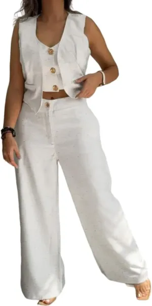 CHICME Women's 2 Piece Summer Outfits V Neck Metal Button Front Crop Tank Vest Wide Leg Pants Matching linen Sets