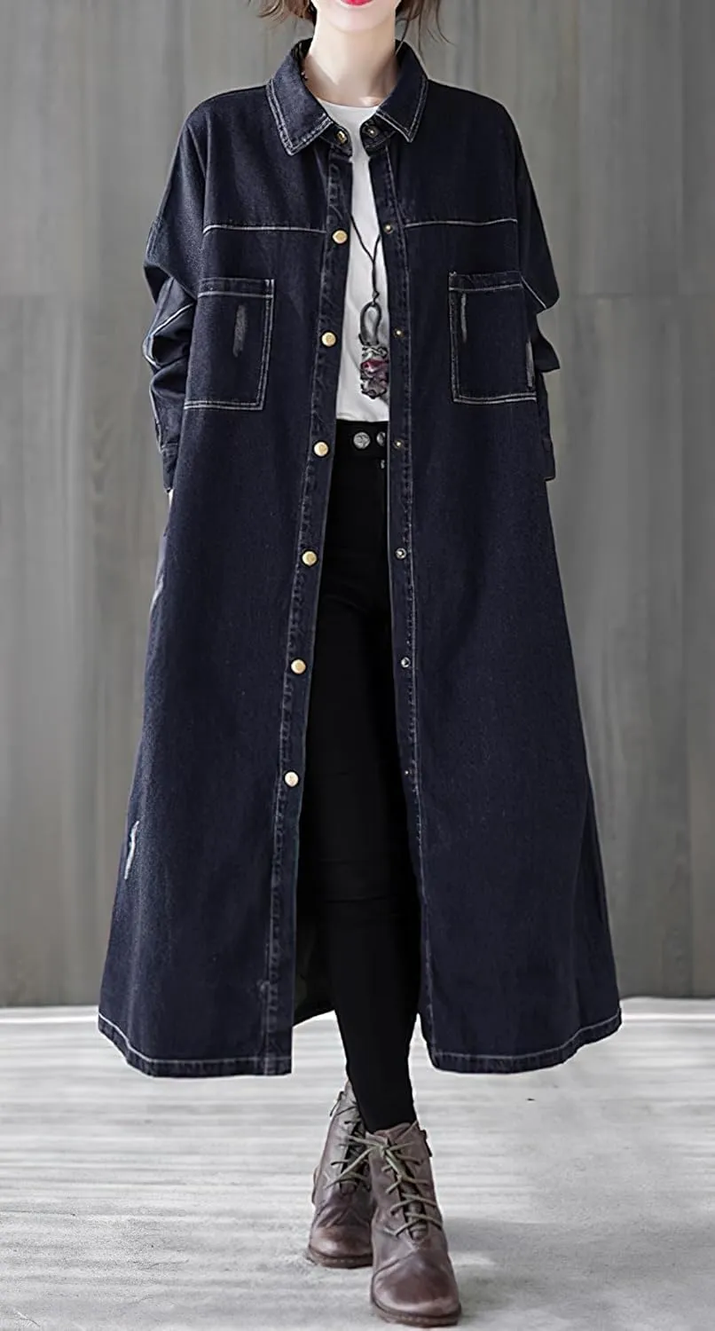 chouyatou Women Casual Spring Fall Ripped Distressed Button Down Maxi Long Denim Jean Jacket Trench Coat