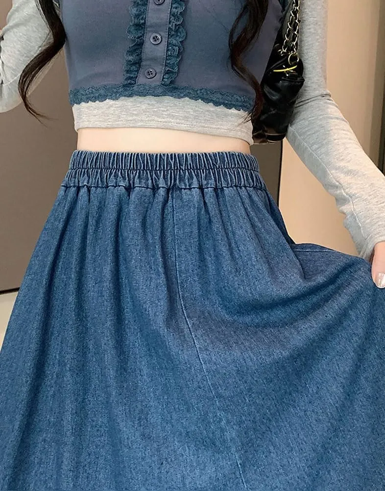 chouyatou Women's Casual Elastic Waist A-Line Denim Skirt Cute Frilly Ruffle Swing Midi Long Jean Skirt