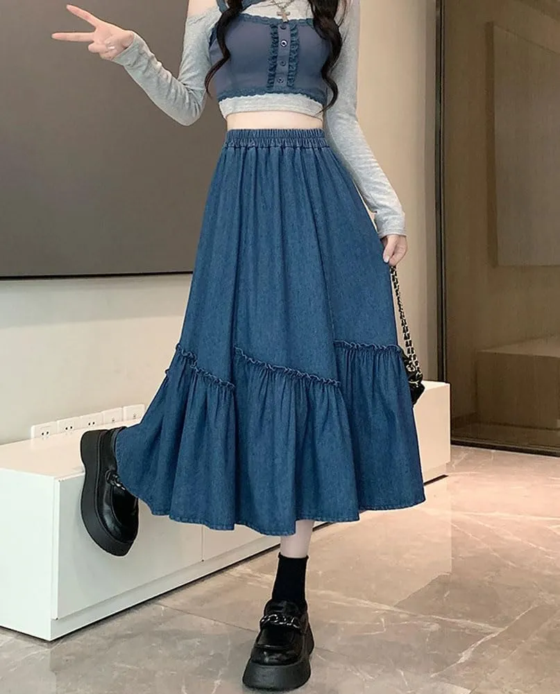 chouyatou Women's Casual Elastic Waist A-Line Denim Skirt Cute Frilly Ruffle Swing Midi Long Jean Skirt