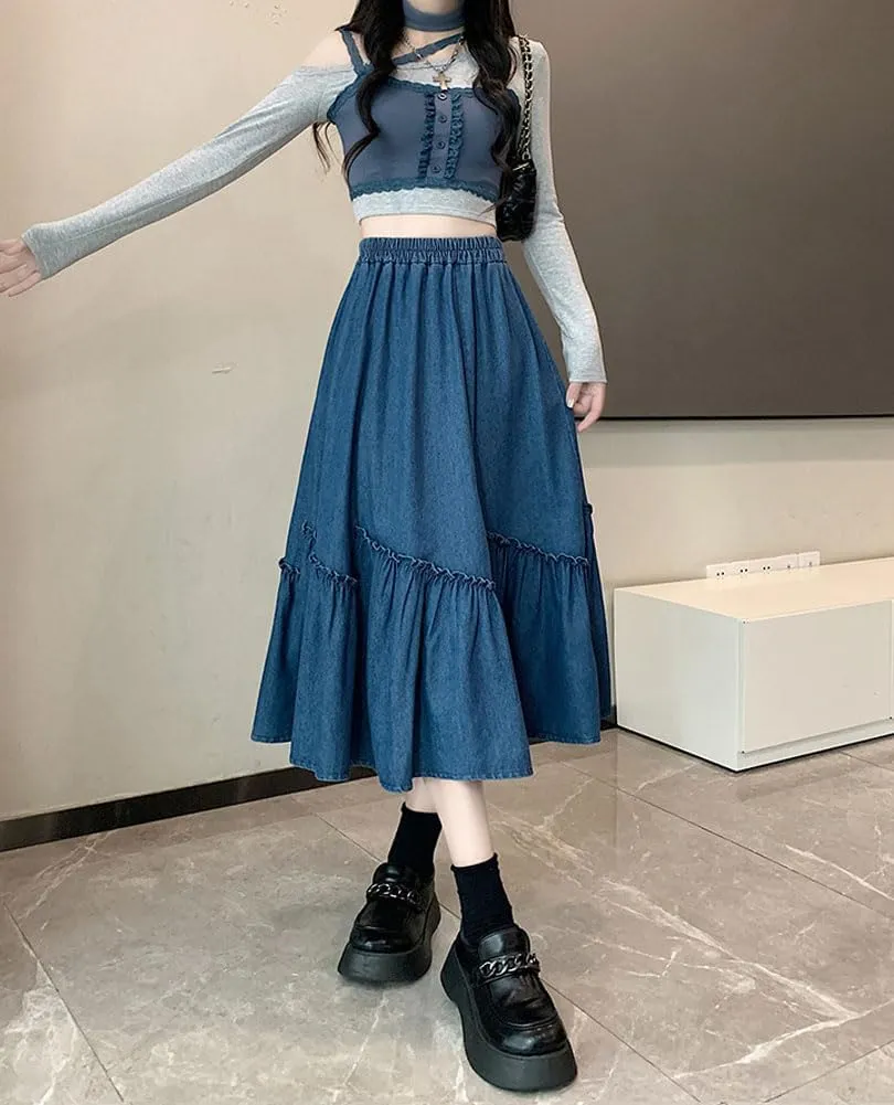 chouyatou Women's Casual Elastic Waist A-Line Denim Skirt Cute Frilly Ruffle Swing Midi Long Jean Skirt