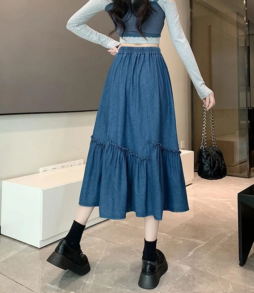 chouyatou Women's Casual Elastic Waist A-Line Denim Skirt Cute Frilly Ruffle Swing Midi Long Jean Skirt