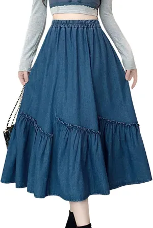 chouyatou Women's Casual Elastic Waist A-Line Denim Skirt Cute Frilly Ruffle Swing Midi Long Jean Skirt