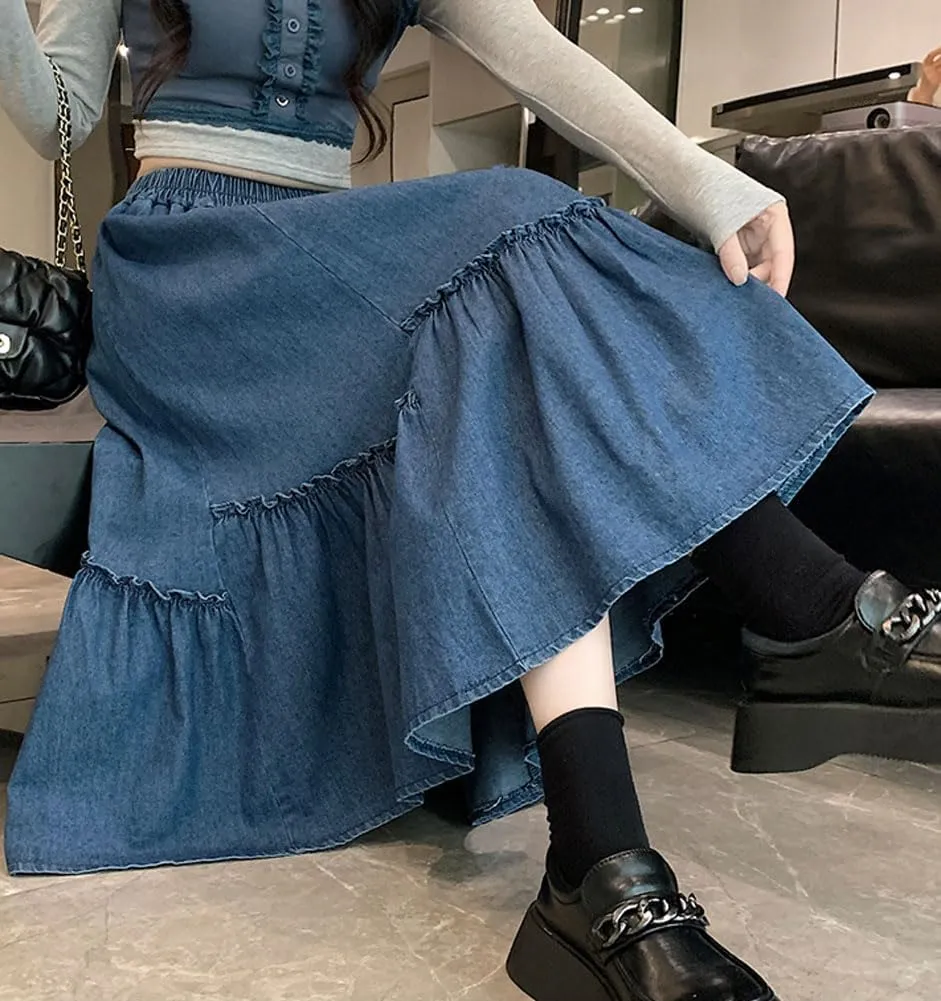 chouyatou Women's Casual Elastic Waist A-Line Denim Skirt Cute Frilly Ruffle Swing Midi Long Jean Skirt