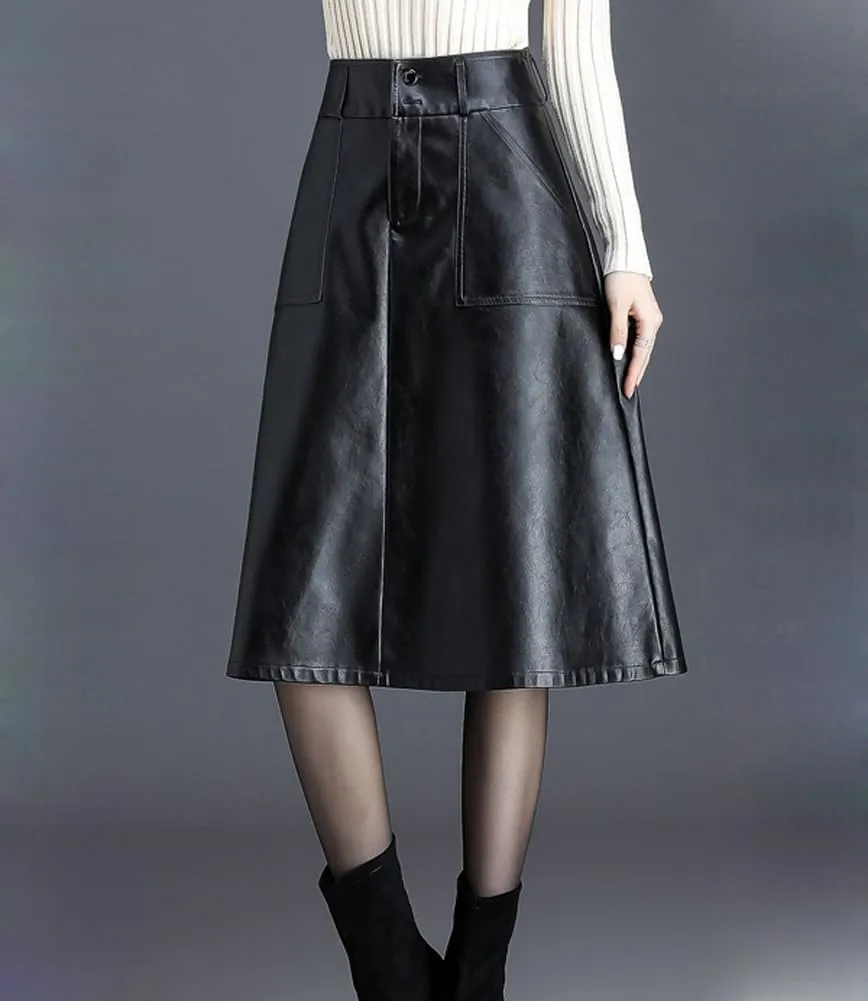 chouyatou Women's Casual High Waist Pu Leather Skirts A-Line Faux Leather Midi Long Skirt with Pockets
