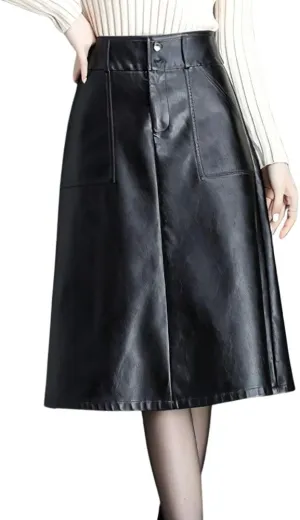 chouyatou Women's Casual High Waist Pu Leather Skirts A-Line Faux Leather Midi Long Skirt with Pockets