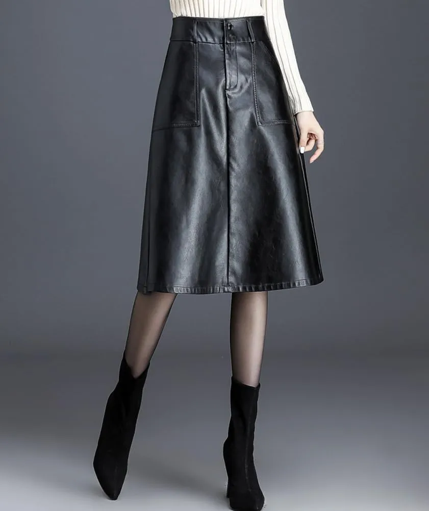 chouyatou Women's Casual High Waist Pu Leather Skirts A-Line Faux Leather Midi Long Skirt with Pockets