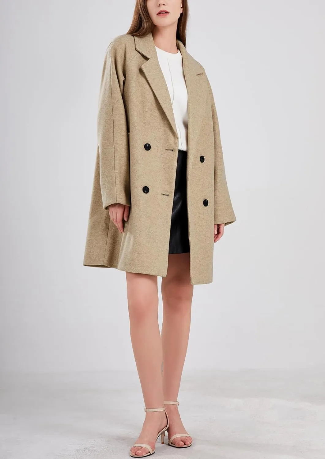 chouyatou Women's Casual Notch Lapel Double Breasted Warm Pea Coat Overcoat