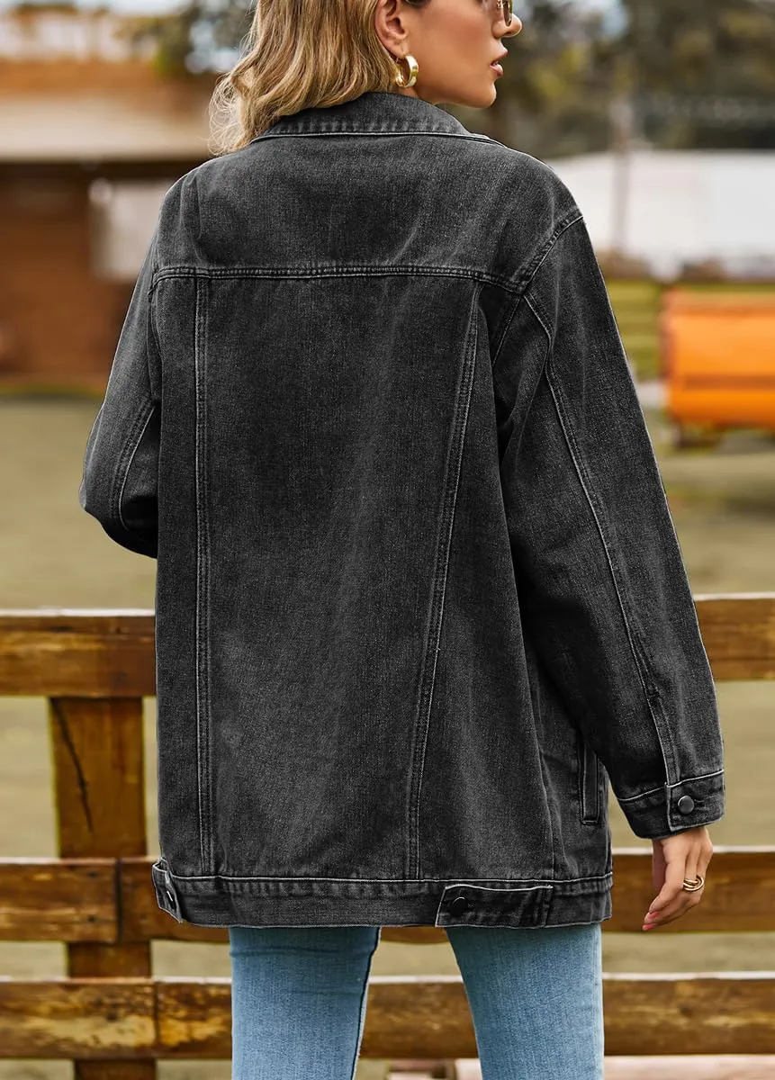 chouyatou Women's Oversized Washed Denim Jacket Boyfriend Button Down Mid Long Jean Jacket Shacket