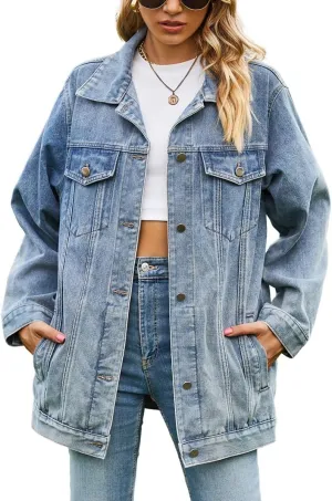 chouyatou Women's Oversized Washed Denim Jacket Boyfriend Button Down Mid Long Jean Jacket Shacket