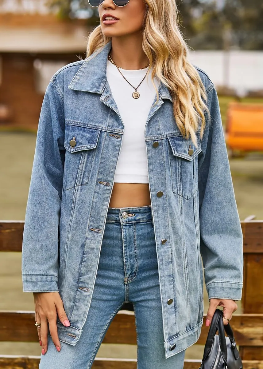 chouyatou Women's Oversized Washed Denim Jacket Boyfriend Button Down Mid Long Jean Jacket Shacket