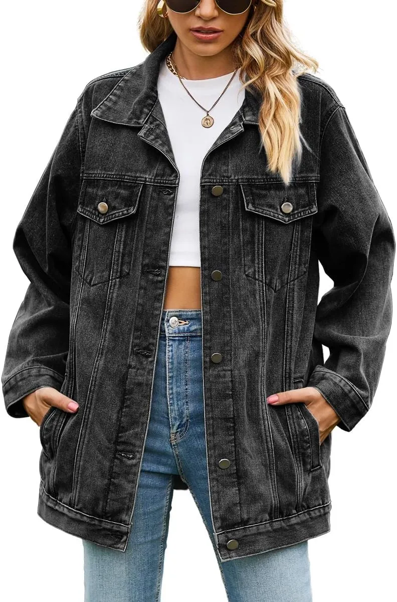 chouyatou Women's Oversized Washed Denim Jacket Boyfriend Button Down Mid Long Jean Jacket Shacket
