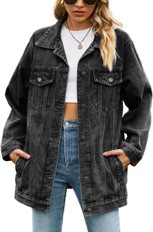 chouyatou Women's Oversized Washed Denim Jacket Boyfriend Button Down Mid Long Jean Jacket Shacket