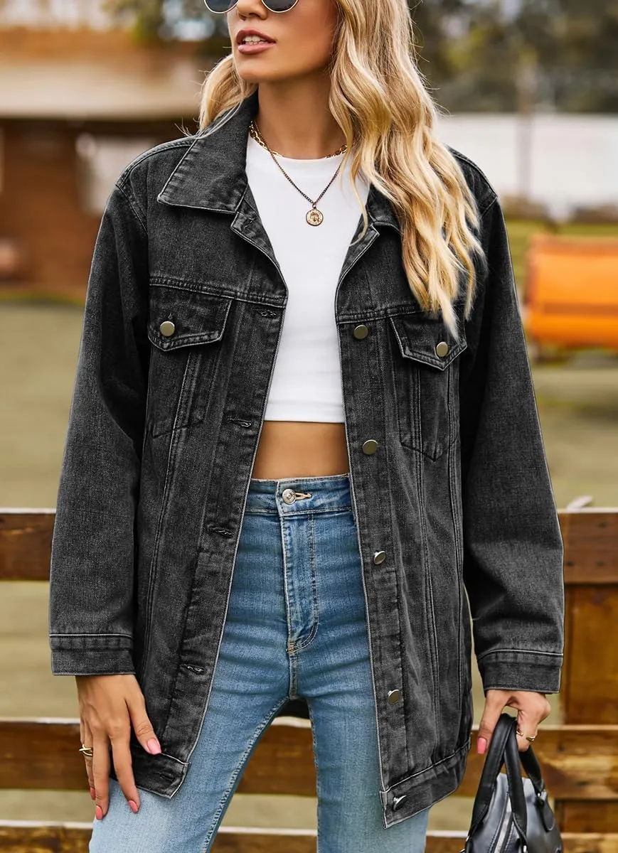 chouyatou Women's Oversized Washed Denim Jacket Boyfriend Button Down Mid Long Jean Jacket Shacket