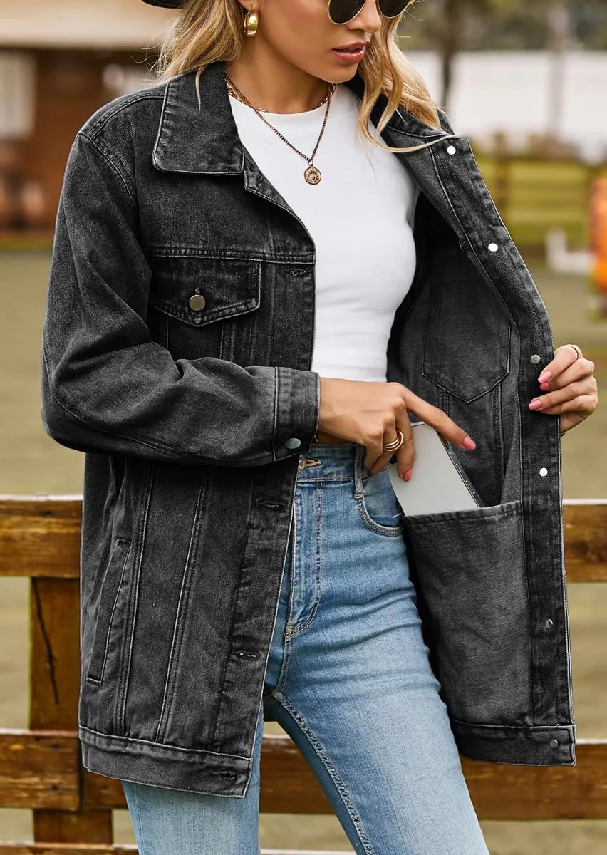 chouyatou Women's Oversized Washed Denim Jacket Boyfriend Button Down Mid Long Jean Jacket Shacket
