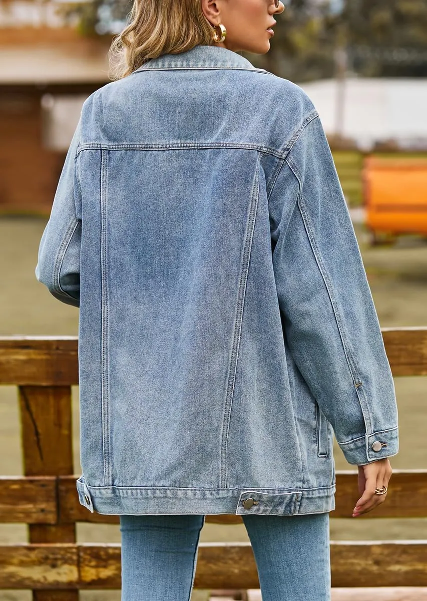 chouyatou Women's Oversized Washed Denim Jacket Boyfriend Button Down Mid Long Jean Jacket Shacket