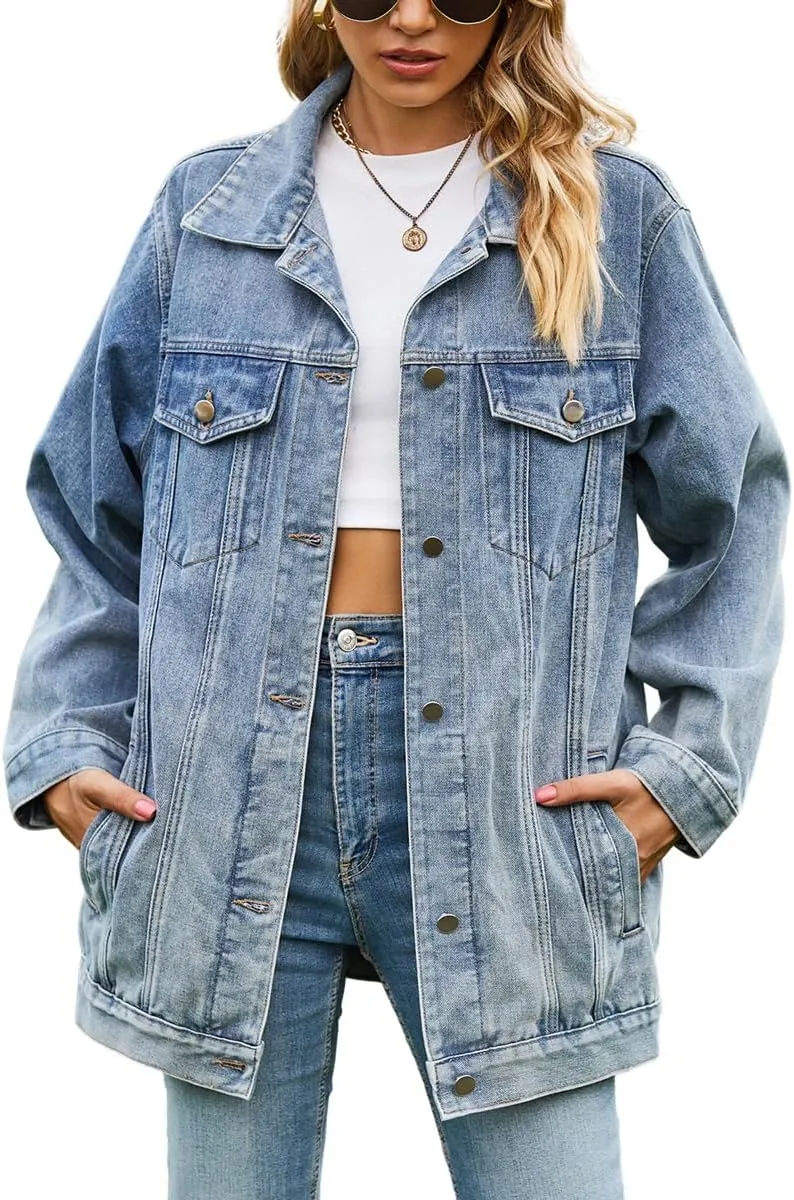 chouyatou Women's Oversized Washed Denim Jacket Boyfriend Button Down Mid Long Jean Jacket Shacket