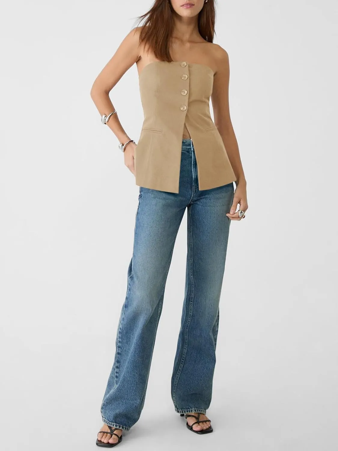 Cicy Bell Womens Strapless Blazer Vest Summer Sleeveless Fitted Tube Tops Trendy Button Down Work Suit Tops