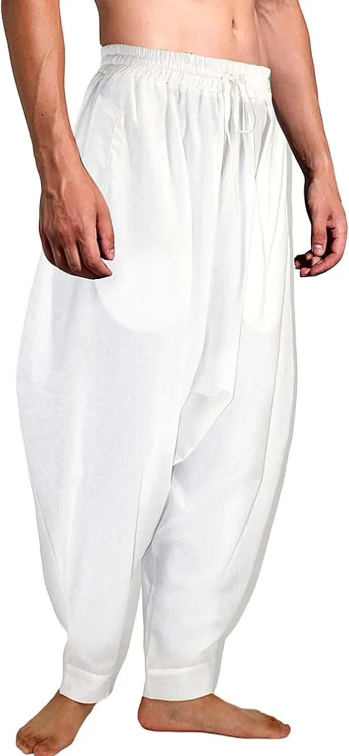 CLANMILUMS Men's Cotton Harem Pants Casual Loose Hippie Drop Crotch Trouser