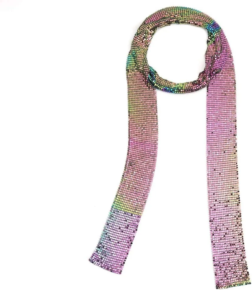 COLORFUL BLING Women Glitter Sparkle Punk Sequins Neck Tie Necklace Thin Skinny Tie Shiny Chain Choker Shawls Party Jewelry