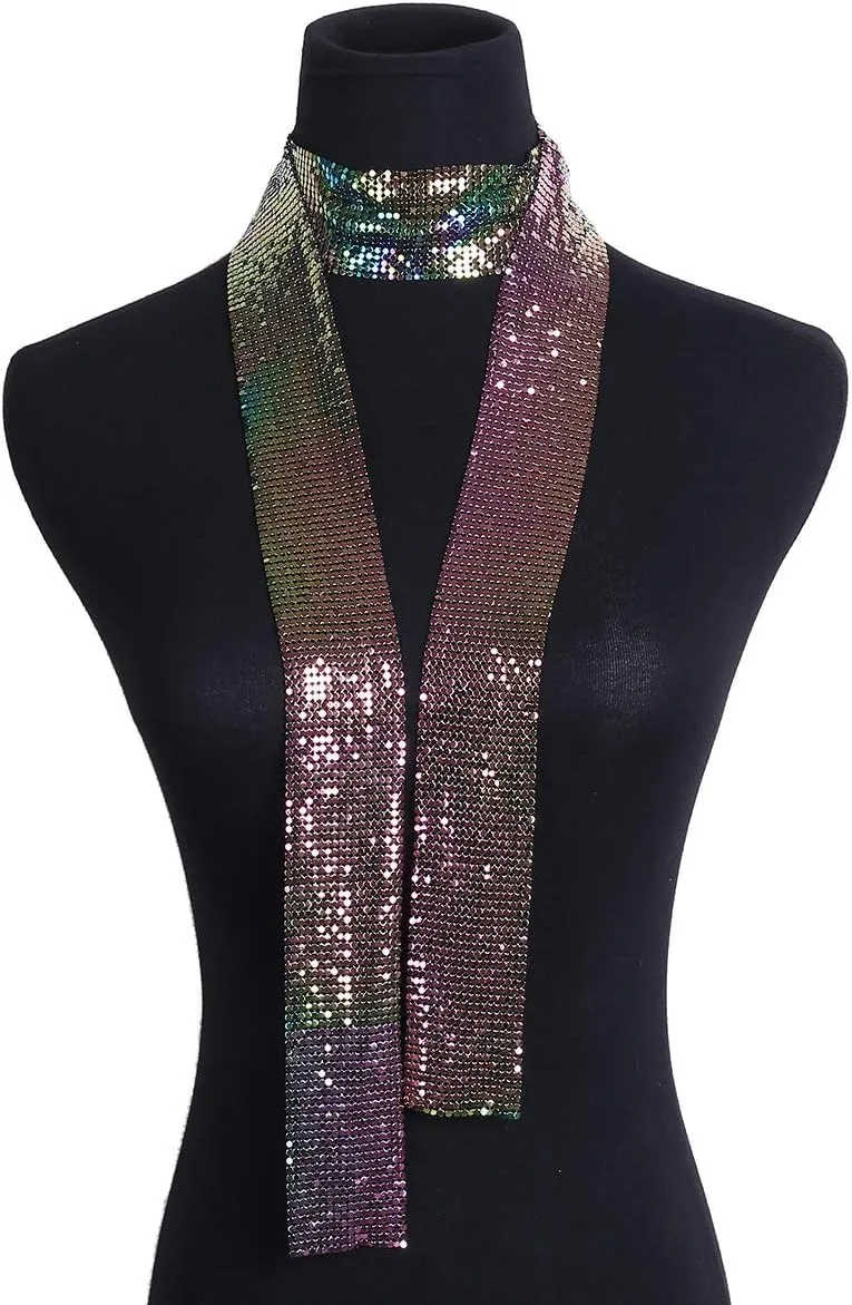COLORFUL BLING Women Glitter Sparkle Punk Sequins Neck Tie Necklace Thin Skinny Tie Shiny Chain Choker Shawls Party Jewelry