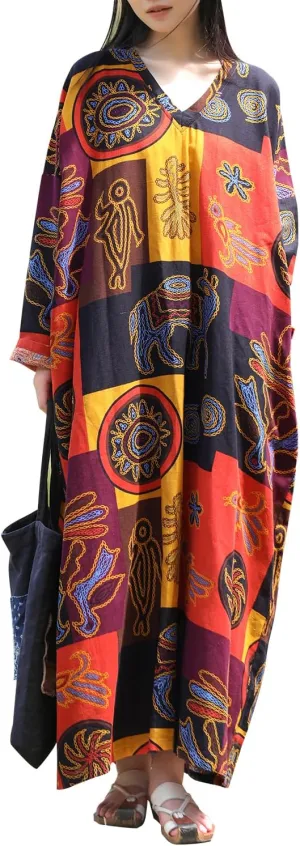 Colorful Patchwork Pattern Women's Cotton Dress Bohemian V-Neck Long Sleeve Dress Loose Fit Casual Robe