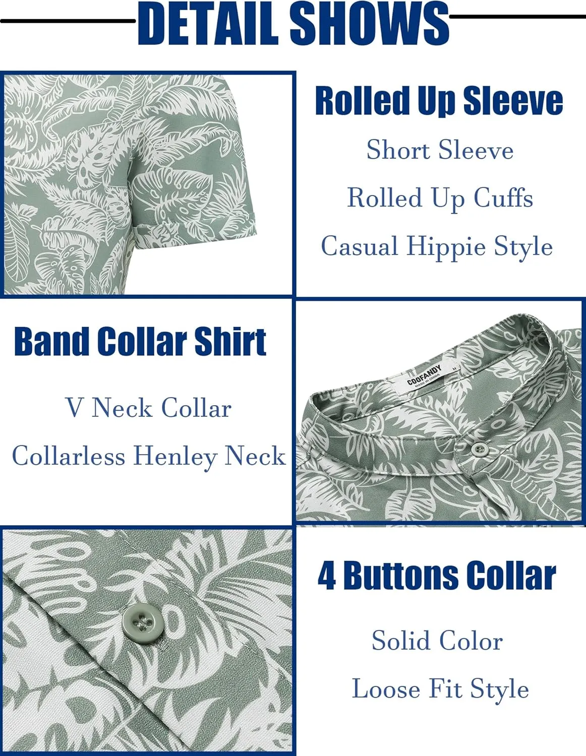 COOFANDY Men's Casual Henley Shirt Band Collar Short Sleeve Shirt Summer Beach Hippie Shirt