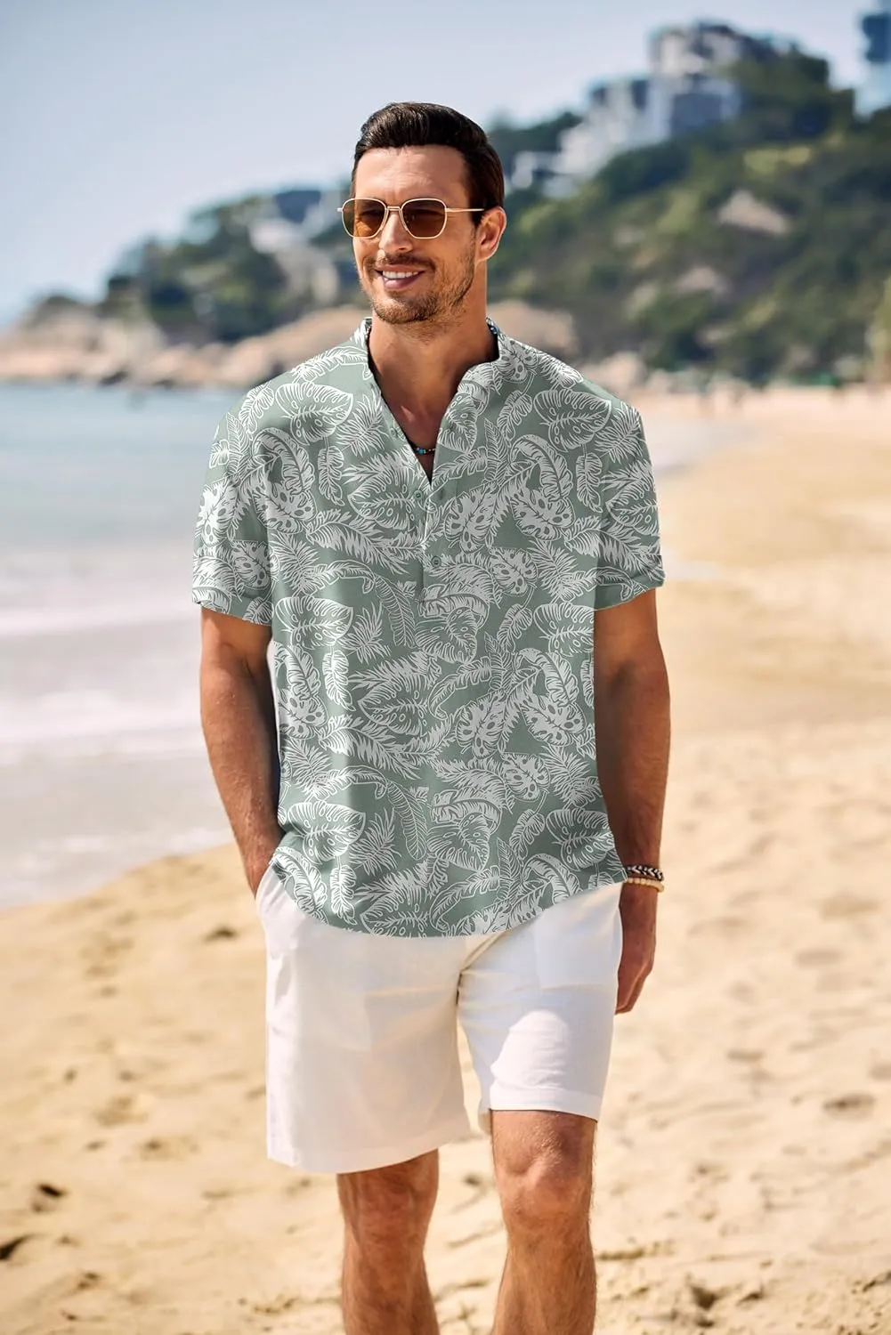 COOFANDY Men's Casual Henley Shirt Band Collar Short Sleeve Shirt Summer Beach Hippie Shirt