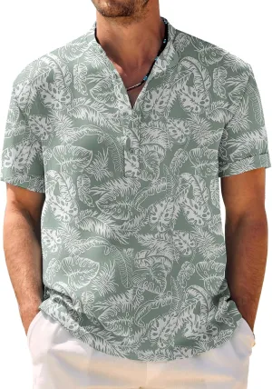 COOFANDY Men's Casual Henley Shirt Band Collar Short Sleeve Shirt Summer Beach Hippie Shirt