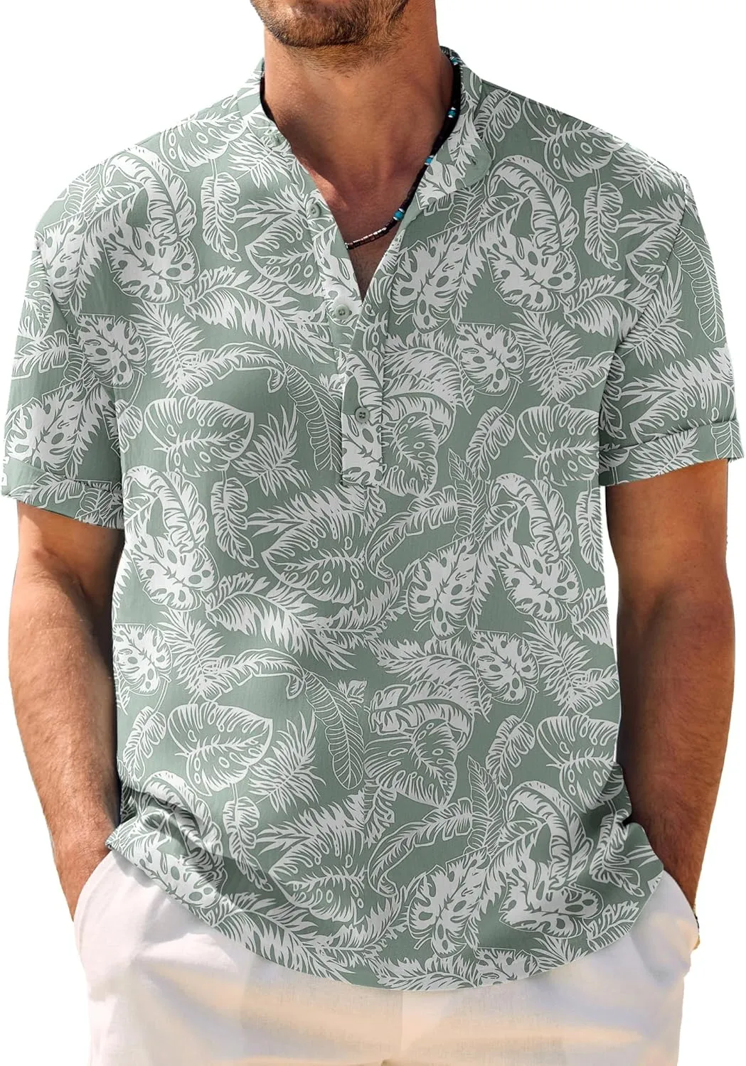 COOFANDY Men's Casual Henley Shirt Band Collar Short Sleeve Shirt Summer Beach Hippie Shirt