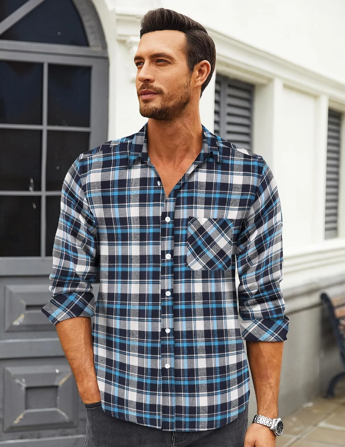 COOFANDY Men's Flannel Plaid Shirt Long Sleeve Button Down Shirt Cotton Casual Lightweight Shirt Jacket
