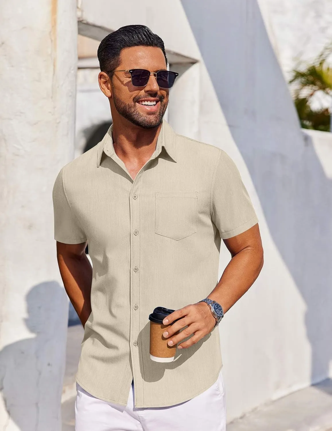 COOFANDY Men's Short Sleeve Button Down Shirt Casual Untucked Dress Shirt Stretch Denim Shirt