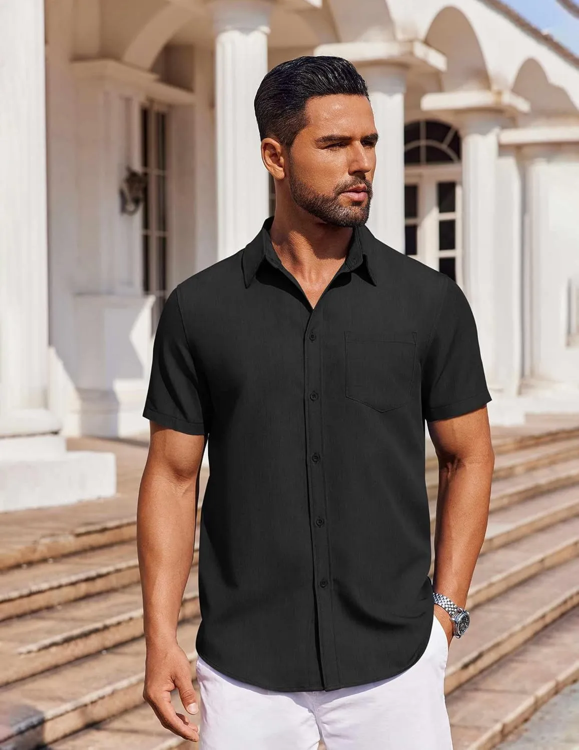 COOFANDY Men's Short Sleeve Button Down Shirt Casual Untucked Dress Shirt Stretch Denim Shirt
