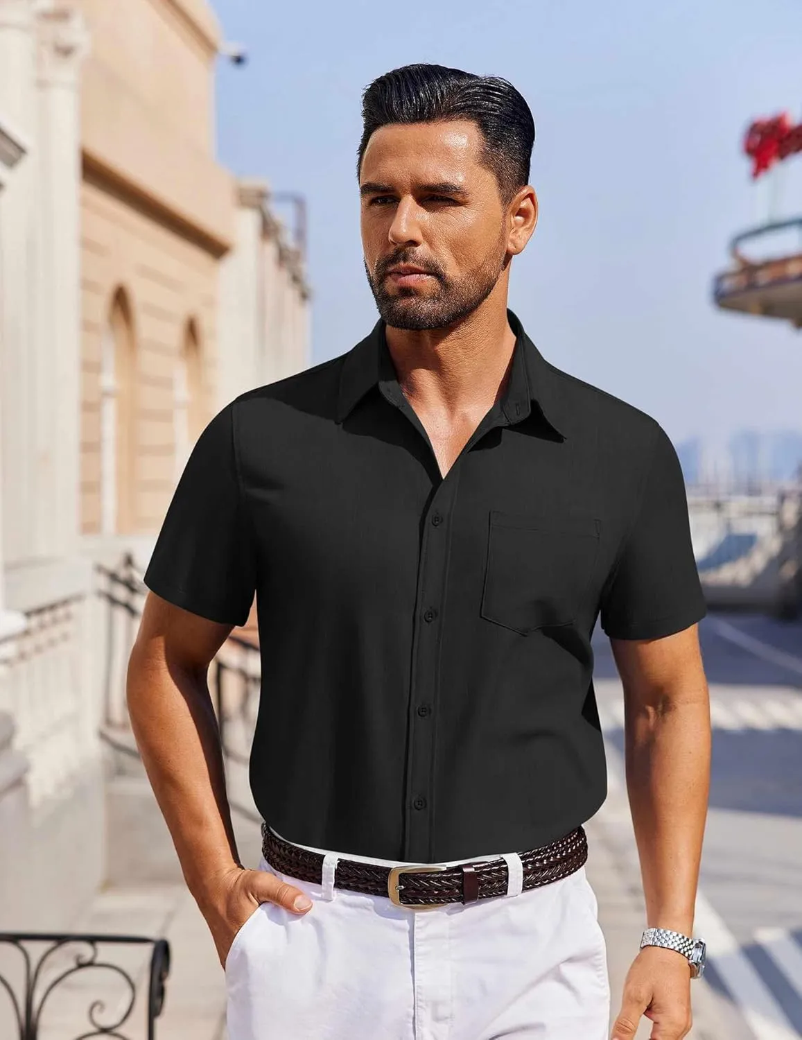 COOFANDY Men's Short Sleeve Button Down Shirt Casual Untucked Dress Shirt Stretch Denim Shirt