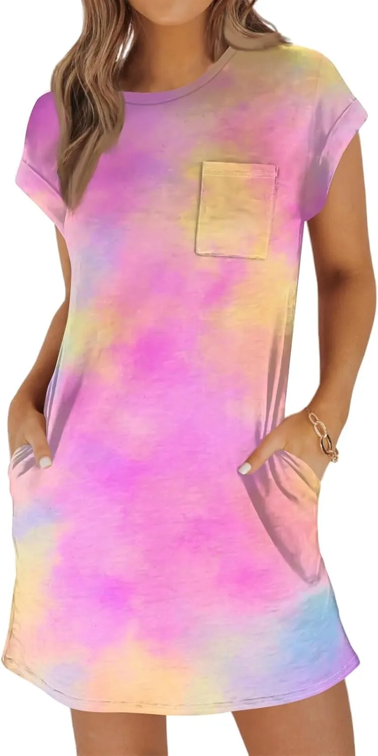 COTECRAM Womens Casual Summer Short Sleeve Loose T Shirt Dress Boho Floral Mini Sundress Beach Cover Up Shirts with Pockets