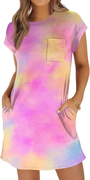 COTECRAM Womens Casual Summer Short Sleeve Loose T Shirt Dress Boho Floral Mini Sundress Beach Cover Up Shirts with Pockets