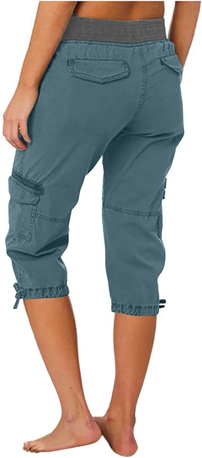 Cotton Cargo Capris for Women with Pockets Plus Size High Waisted Light Weight Hiking Travel Pants Trousers