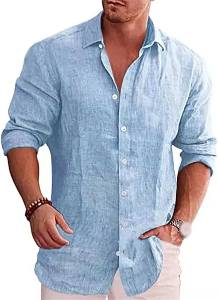 Cotton Linen Autumn Men's Long Sleeve Shirt Solid Color Casual Style PlSize Casual Linen Shirt