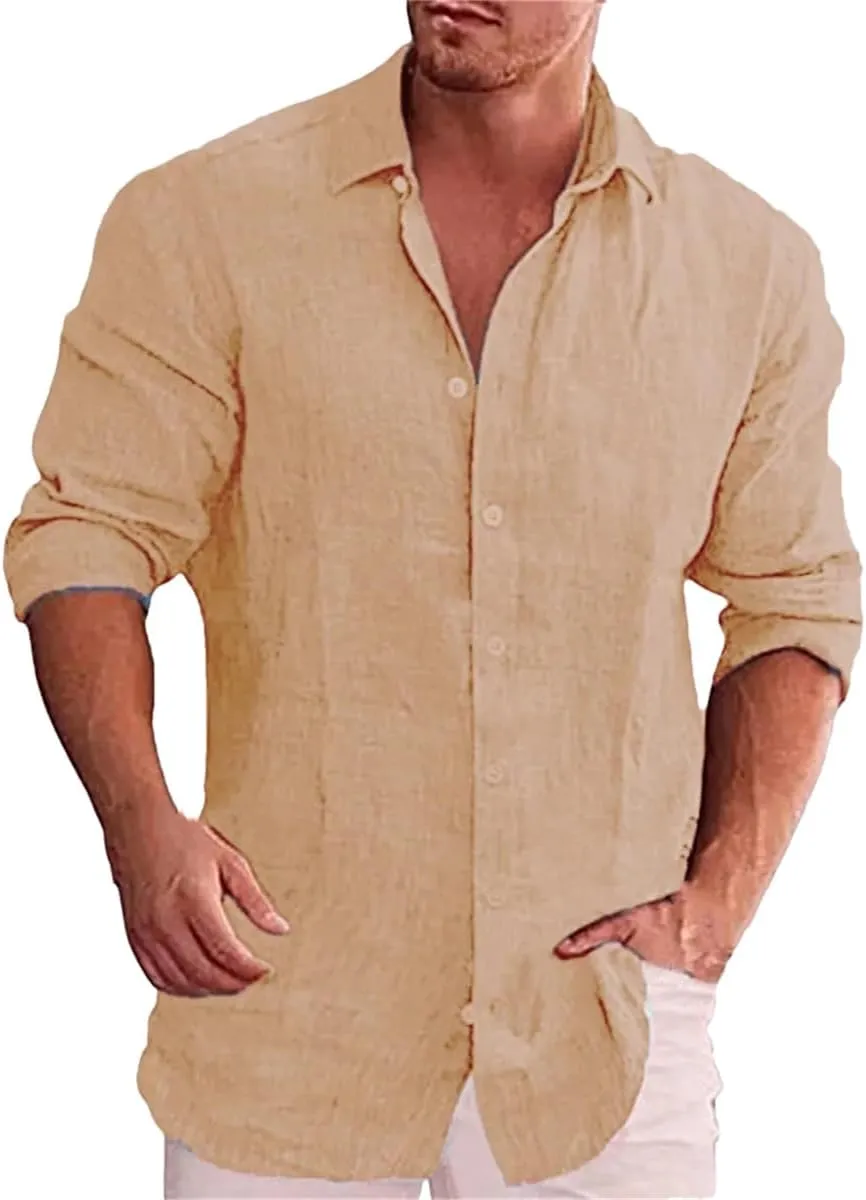 Cotton Linen Autumn Men's Long Sleeve Shirt Solid Color Casual Style PlSize Casual Linen Shirt