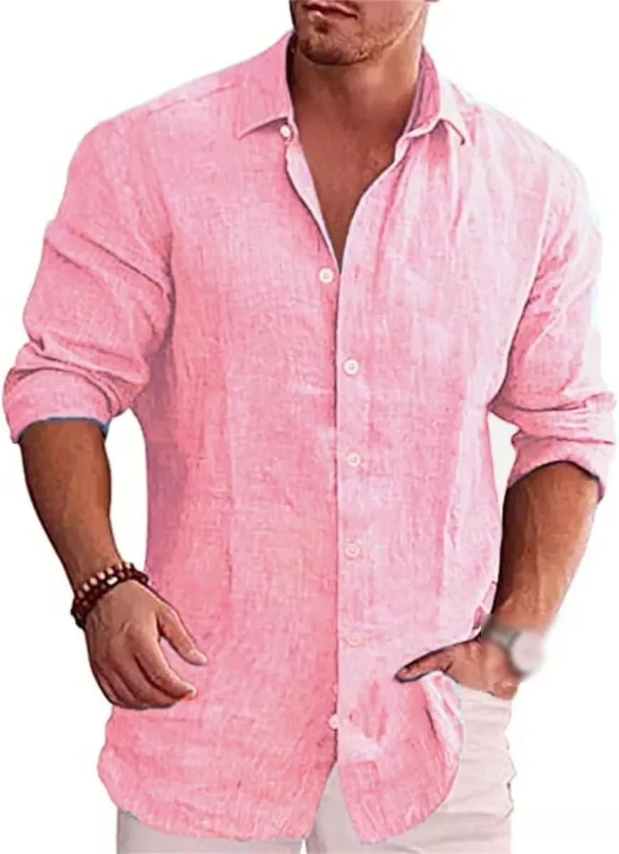 Cotton Linen Autumn Men's Long Sleeve Shirt Solid Color Casual Style PlSize Casual Linen Shirt