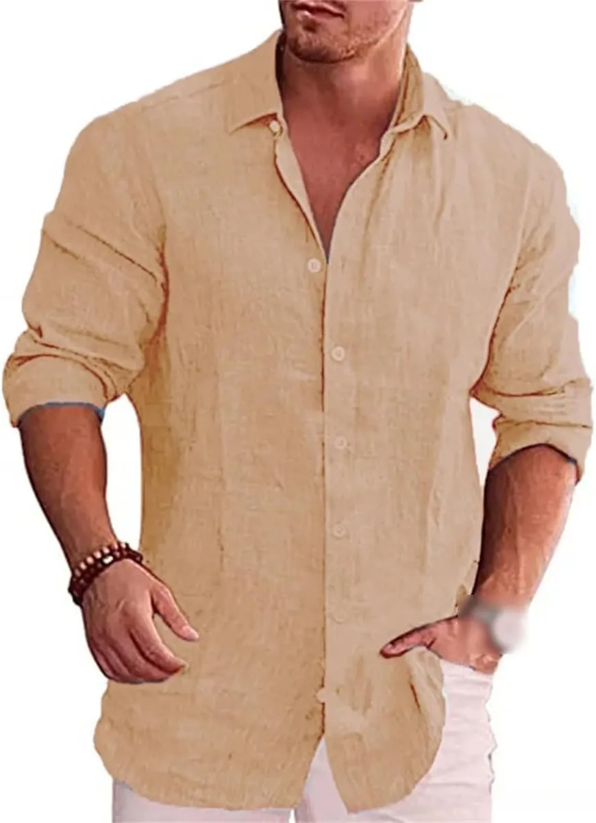 Cotton Linen Autumn Men's Long Sleeve Shirt Solid Color Casual Style PlSize Casual Linen Shirt