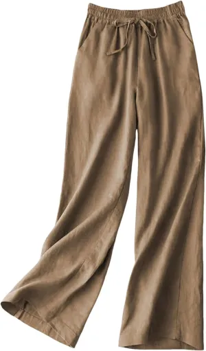 Cotton Linen Pants for Women Loose Fit Wide Leg Drawstring Elastic Waisted Summer Plus Size Casual Straight Pants Trousers