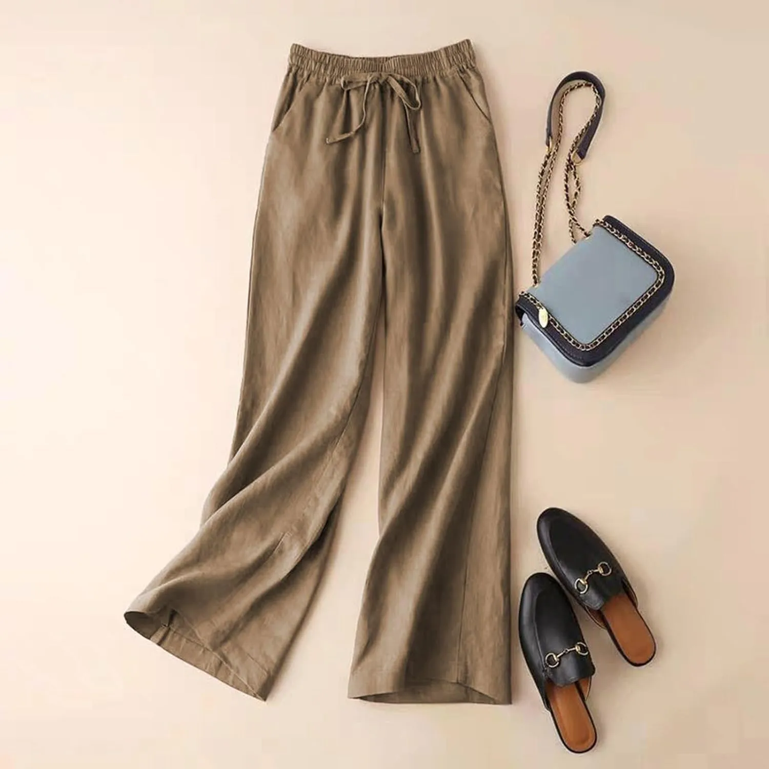 Cotton Linen Pants for Women Loose Fit Wide Leg Drawstring Elastic Waisted Summer Plus Size Casual Straight Pants Trousers