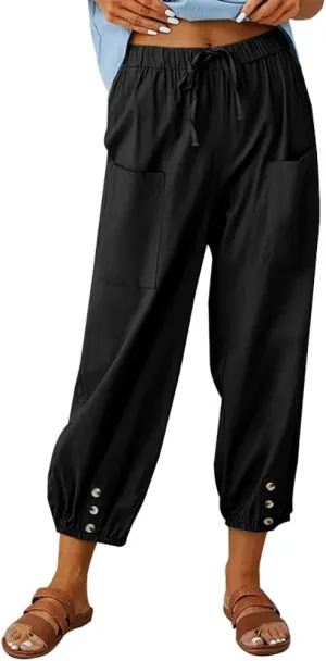 Cotton Pants for Women Casual Plus Size High Waist Drawstring Button Capris with Pockets for Women