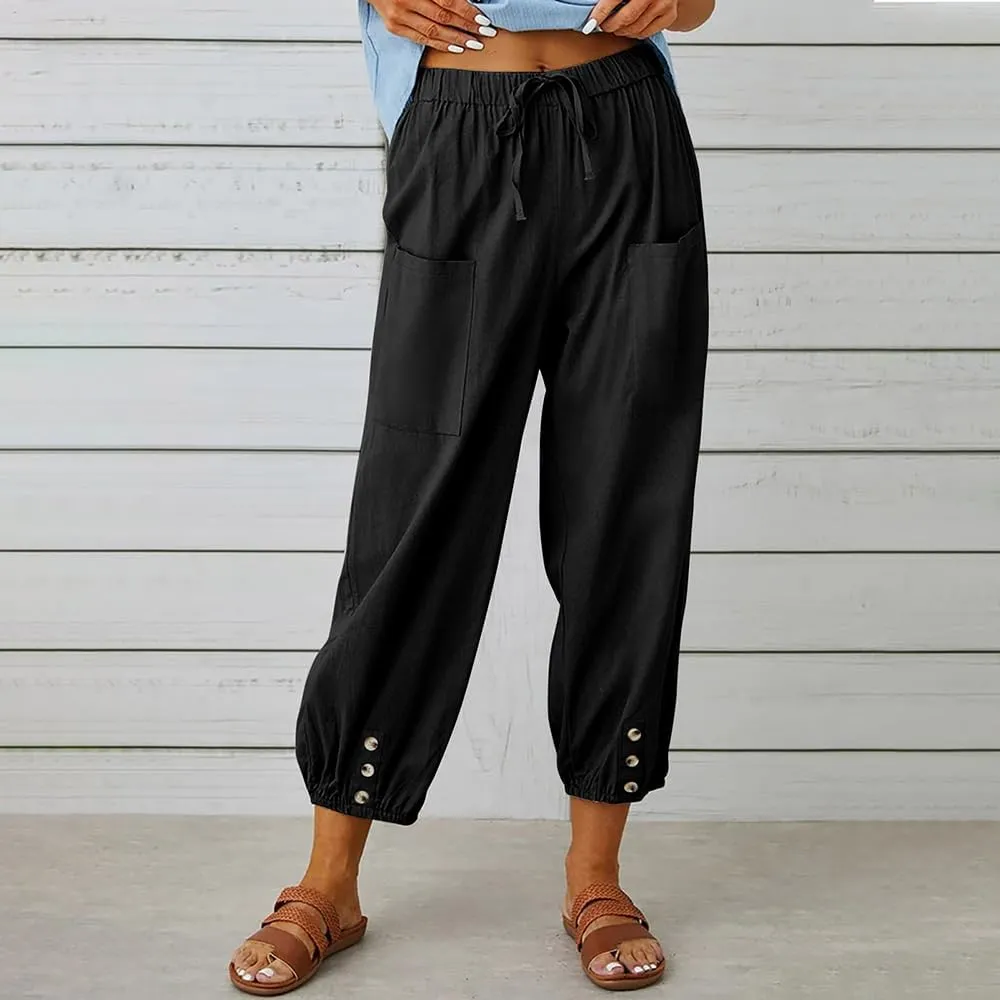 Cotton Pants for Women Casual Plus Size High Waist Drawstring Button Capris with Pockets for Women