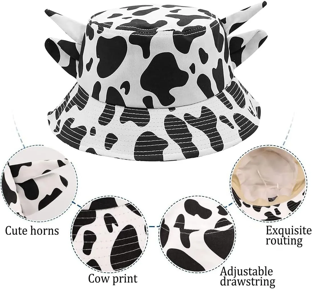 Cow Print Bucket Hat with Cute Horn Ears Cow Print Summer Beach Sun Hat Fisherman's Cow Bucket Hat