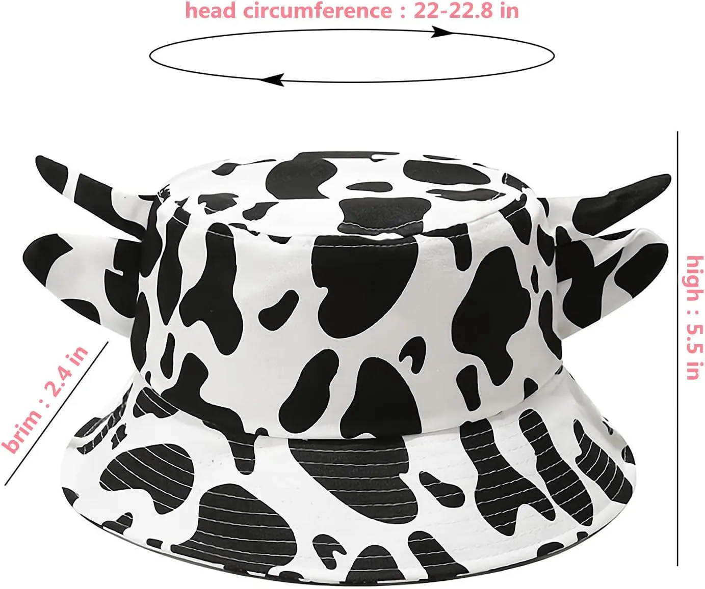 Cow Print Bucket Hat with Cute Horn Ears Cow Print Summer Beach Sun Hat Fisherman's Cow Bucket Hat
